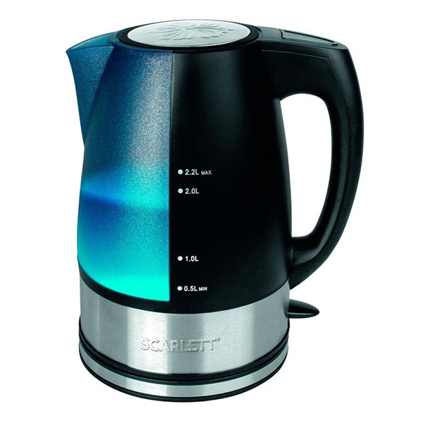 Чайник электрический Scarlett, SC-1020, 2,2 л, 2200 Вт, корпус пластик, черный/полупрозрачный, подсветка, Китай