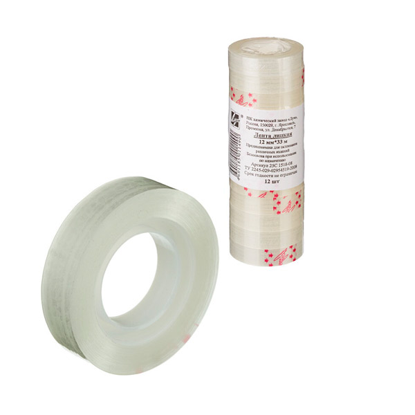 Клейкая лента 12мм*33м, односторонняя прозрачная, в упаковке 12 шт., Россия