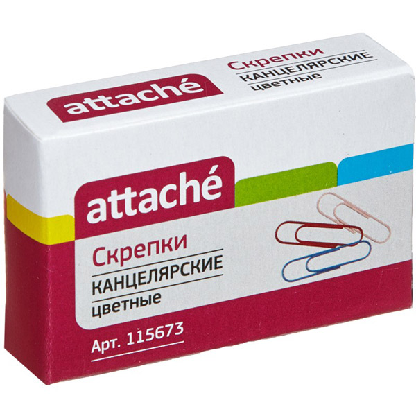 Скрепки Attache, 28 мм, форма овальная, цвет ассорти, комплект 100 шт., Россия
