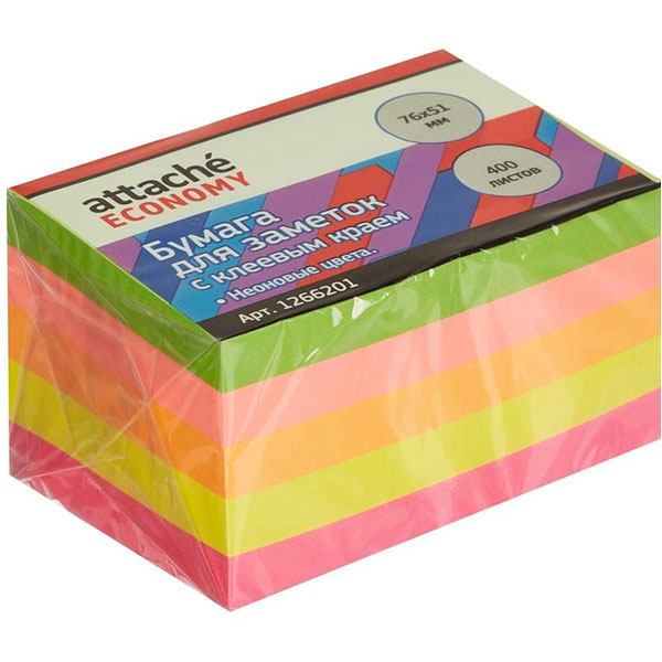 Куб с клейким слоем 51*76 мм, 400 листов, 5 цветов, неон ассорти, Attache Economy, Китай