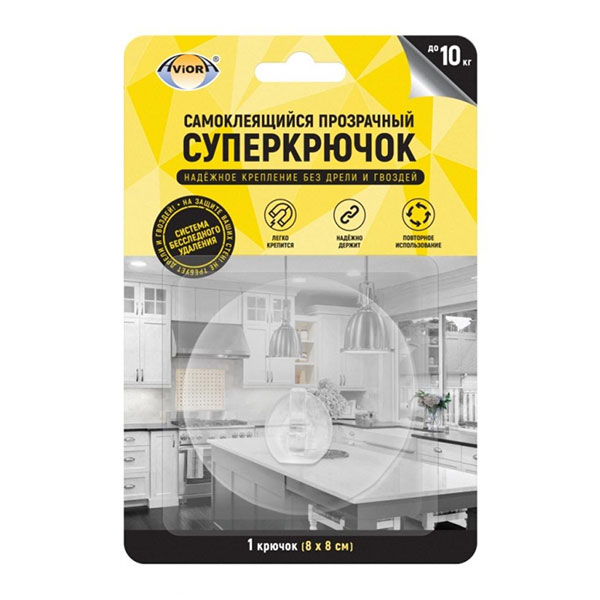 Крючок самоклеящийся универсальный, AVIORA, "Cуперкрючок", до 10 кг, в комплекте: 1 шт., цвет прозрачный, Китай