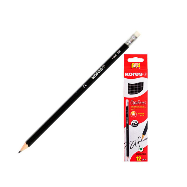 Карандаш Kores, с ластиком, заточенный, HB (ТМ), шестигранный, черный матовый, Китай