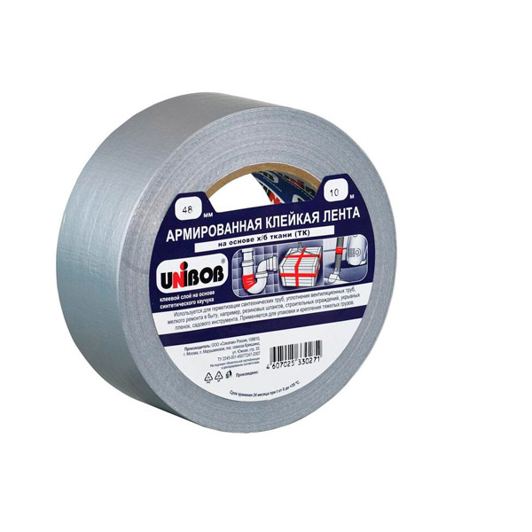 Клейкая лента армированная, 48 мм*10 м, пл. 190 мкм, Unibob, основа ткань/полиэтилен, влагоустойчивая, Россия
