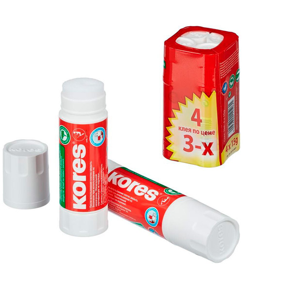 Клей-карандаш 15 г, Kores, содержит глицерин, комплект 4 шт., Чешская Республика