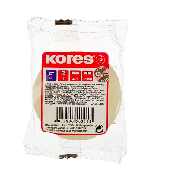 Клейкая лента 15мм*33м, односторонняя прозрачная, Kores, Китай