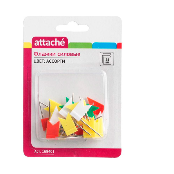 Кнопки силовые флажки, Attache, комплект 25 шт., цвет ассорти, Китай