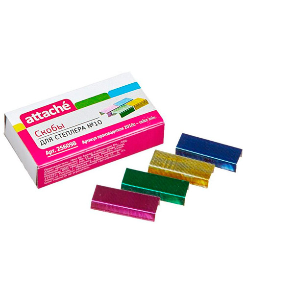Скобы для степлеров №10, Attache, 1000 шт., цвет ассорти, Китай