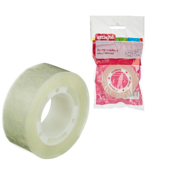 Клейкая лента 19мм*33м, односторонняя прозрачная, Attache, в упаковке  1 шт., Россия