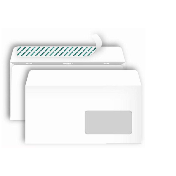 Конверт E65, 1000 шт., 110*220 мм, стрип, внутренняя запечатка, цвет белый, правое окно, Bong, "Postfix", Россия