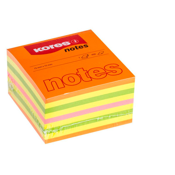 Куб с клейким слоем 76*76 мм, 450 листов, 4 цвета, неон ассорти, Kores, Чехия