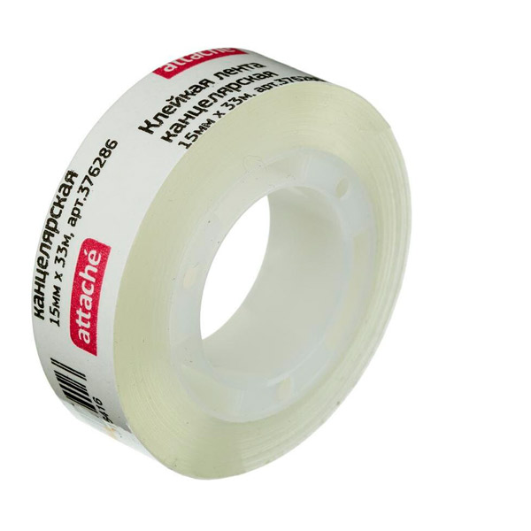 Клейкая лента 15мм*33м, односторонняя прозрачная, Attache, в упаковке  1 шт., Россия