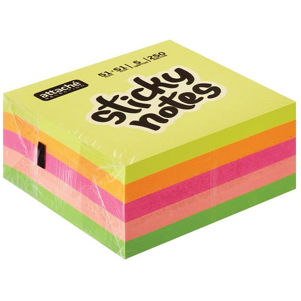 Куб с клейким слоем 51*51 мм, 250 листов, 5 цветов, неон ассорти, Attache Selection, Китай
