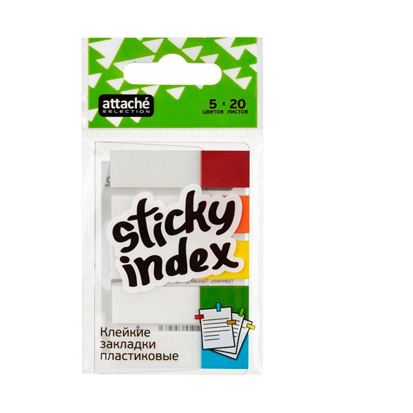 Закладки клейкие Attache Selection, пластиковые, 45*12 мм,  5 цветов по  20 листов, неон, Китай