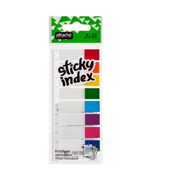 Закладки клейкие Attache, "Selection", пластиковые, 12*45 мм,  8 цветов по  15 листов, неон, на линейке, Китай