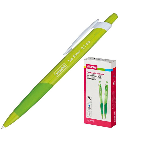 Ручка шариковая автоматическая Attache, "Sun Flower", цвет чернил синий, толщина линии письма 0,5 мм, зеленый, Россия