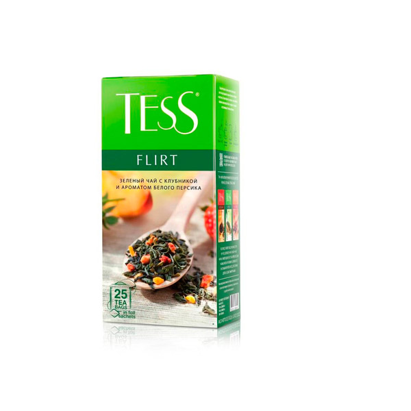 Чай пакетированный Tess, "Flirt", зеленый, с клубникой и персиком,  25 пакетиков по 1,5 г, Россия