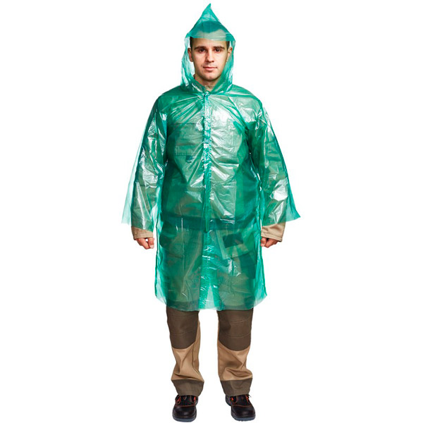 Дождевик плащ с капюшоном, на липучках, р. 64-66, полиэтилен, пл.  40 мкм, цвет зеленый