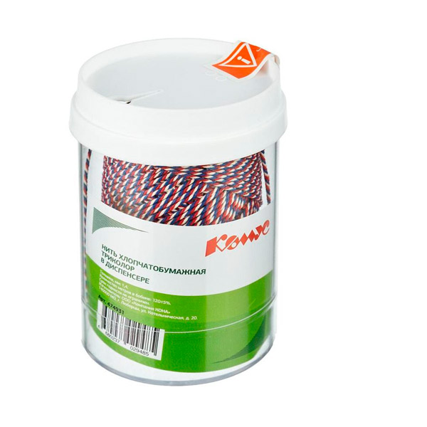 Нить для прошивки документов хлопок, 1,6 мм, длина намотки 120 м, цвет красный/синий/белый, в диспенсере, Россия