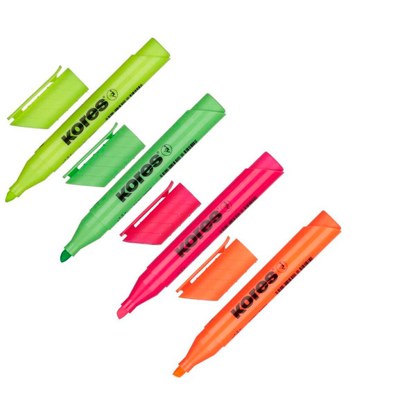 Набор текстовыделителей  4 цвета, толщина линии письма 2-5 мм, Kores, корпус пластик, Чехия