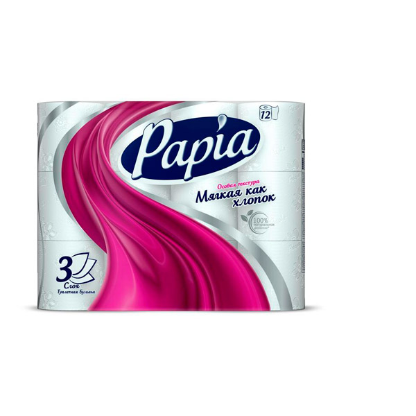 Туалетная бумага 3-сл, 12 рул, Papia, 16,8 м, цвет белый, Россия