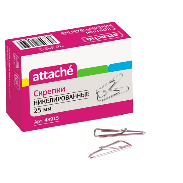 Скрепки 25 мм, Attache, форма треугольная, цвет серебристый, комплект 100 шт., Китай