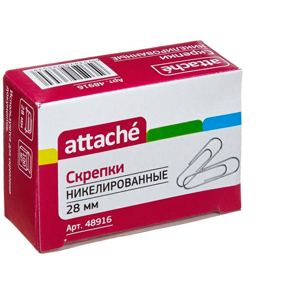 Скрепки 28 мм, Attache, форма круглая, цвет серебристый, комплект 100 шт., Китай