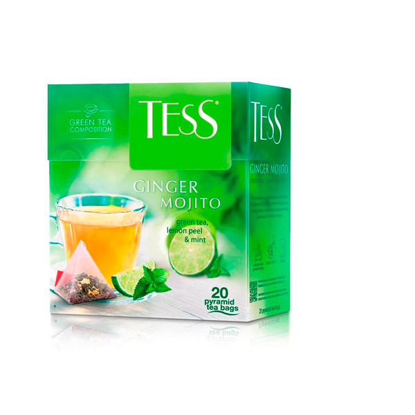Чай пакетированный Tess, "Ginger Mojito", зеленый, с лаймом и мятой,  20 пирамидок по 1,8 г, Россия, 0788-12