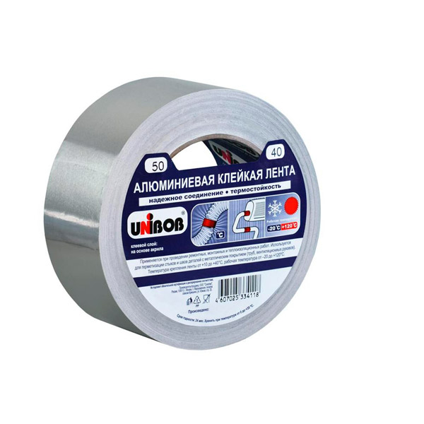 Клейкая лента алюминиевая, 50 мм*40 м, пл. 70 мкм, Unibob, основа алюминиевая фольга, морозостойкая, Китай