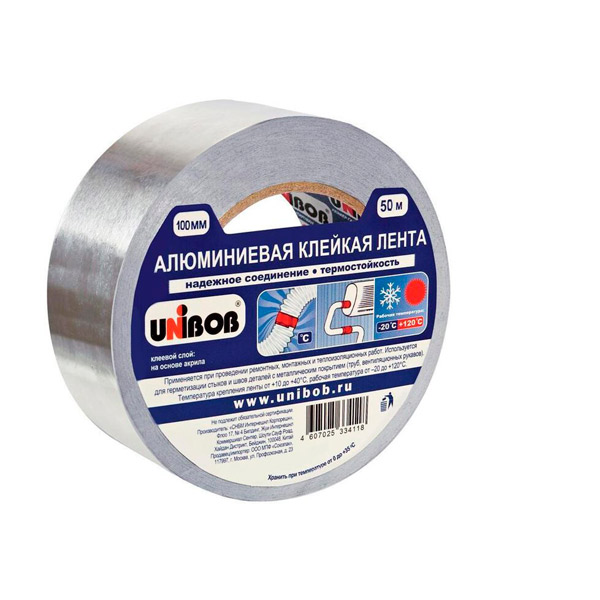 Клейкая лента алюминиевая, 100 мм*50 м, пл. 70 мкм, Unibob, основа алюминиевая фольга, морозостойкая, Китай
