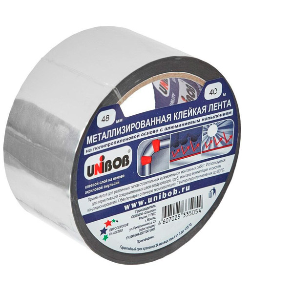 Клейкая лента металлизированная, 48 мм*40 м, пл. 50 мкм, Unibob, основа полипропилен с алюминиевым напылением, Россия