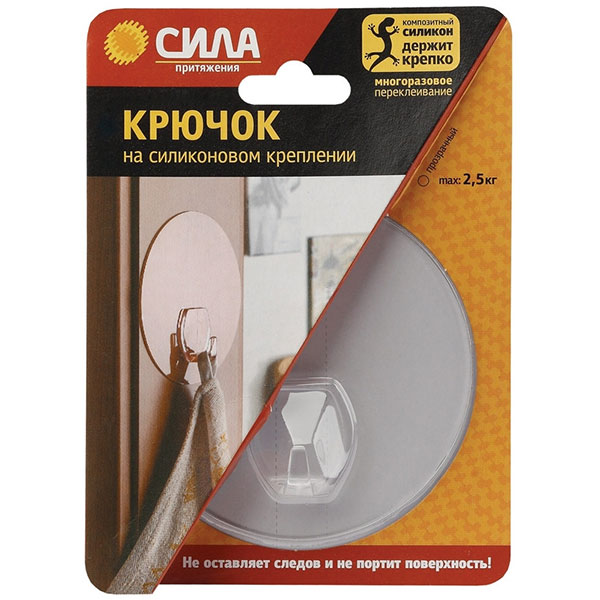 Крючок самоклеящийся универсальный, Сила, до 2,5 кг, в комплекте: 1 шт., цвет прозрачный, SH10R1TR24, Тайвань