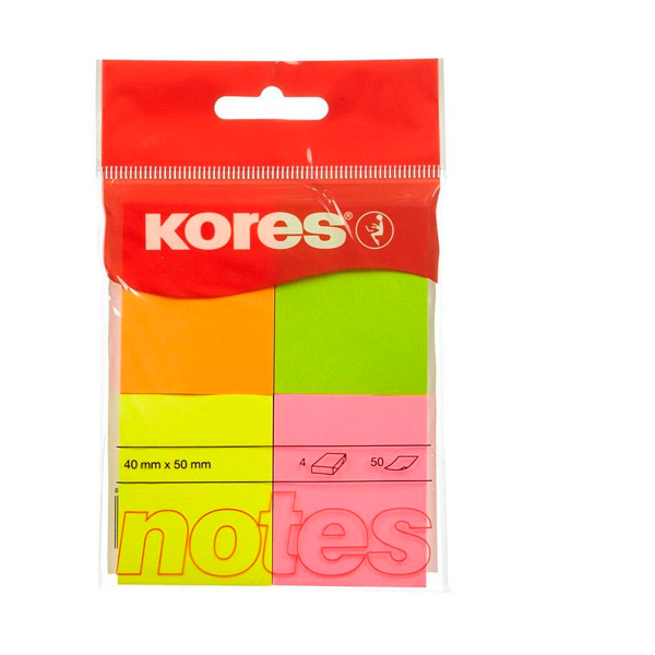 Блок самоклеящийся 38*51 мм,  4 блока по 50 листов, 4 цвета, неон ассорти, Kores, 56386, Китай