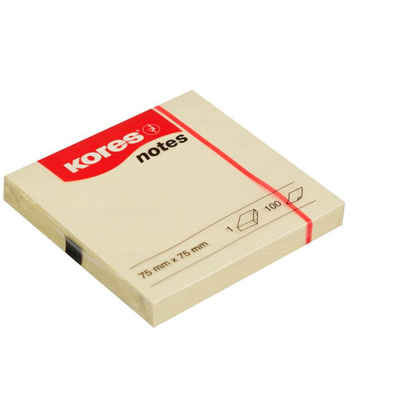 Блок самоклеящийся 75*75 мм, 100 листов, 1 цвет, желтый, Kores