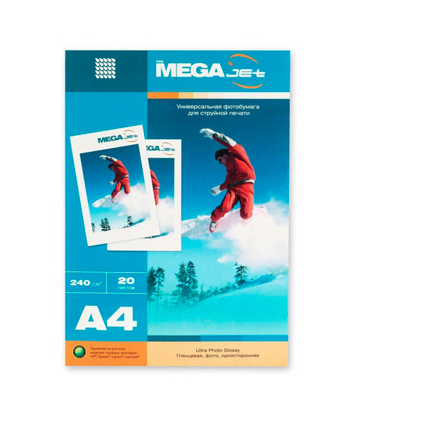 Фотобумага глянцевая микропористая, A4, плотность 240 г/кв.м,  20 листов, MEGA Jet Photo, "Photo", односторонняя, Россия