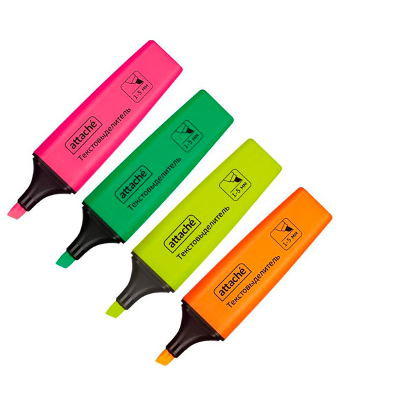 Набор текстовыделителей  4 цвета, толщина линии письма 1-5 мм, Attache, корпус пластик, Китай