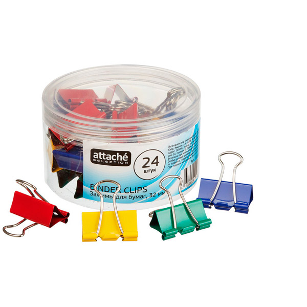 Зажимы для бумаг 32 мм, Attache Selection, цвет ассорти, комплект 24 шт., Китай