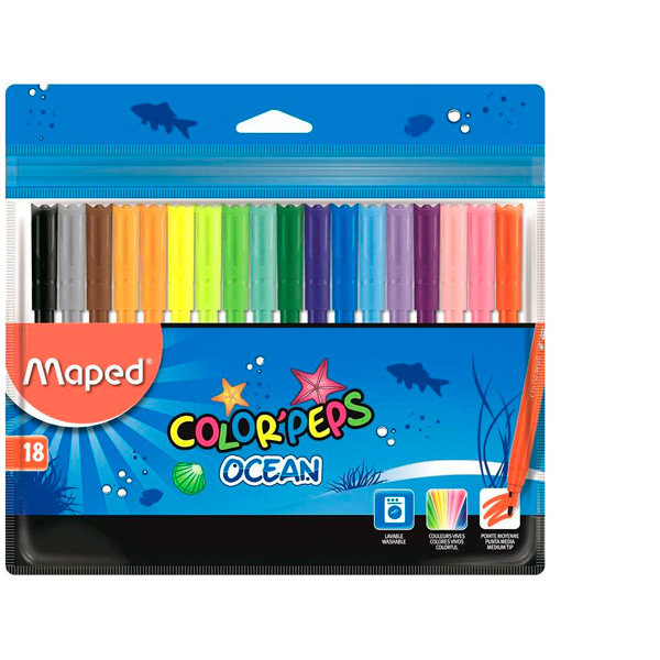 Фломастеры 18 цв. Maped, комплект 18 шт., толщина линии письма 2 мм, вентилируемый колпачок, Китай