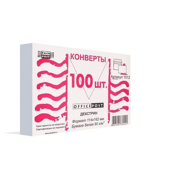 Конверт C6,  100 шт., 114*162 мм, декстрин, внутренняя запечатка, цвет белый, без окна, OfficePost, Россия