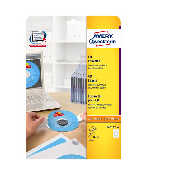 Этикетки самоклеящиеся для CD диаметр D=117 мм, на листе 2 шт., 25 л, Avery Zweckform, L6015-25, цвет белый, Германия