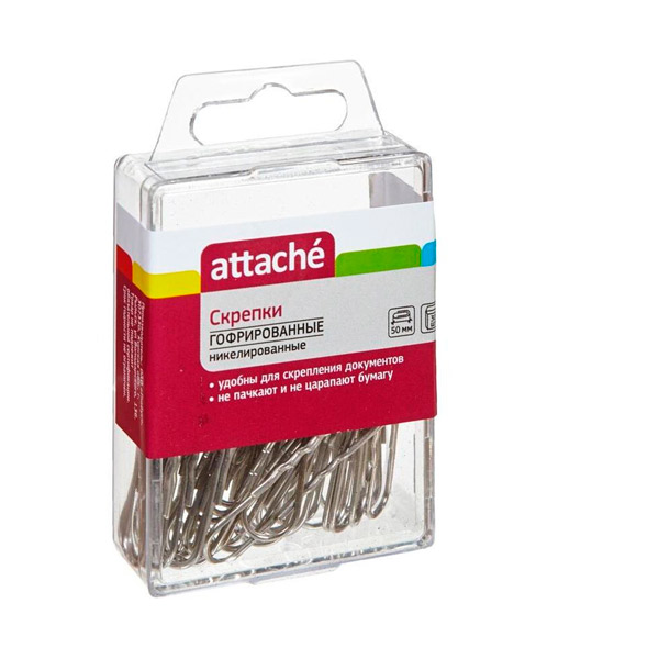 Скрепки 50 мм, Attache, форма овальная, цвет серебристый, гофрированная поверхность, комплект  30 шт., Россия