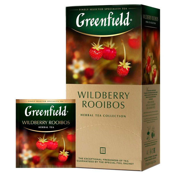 Чай пакетированный Greenfield, "Wildberry Rooibos", травяной, с земляникой и клюквой,  25 пакетиков по 1,5 г, Россия