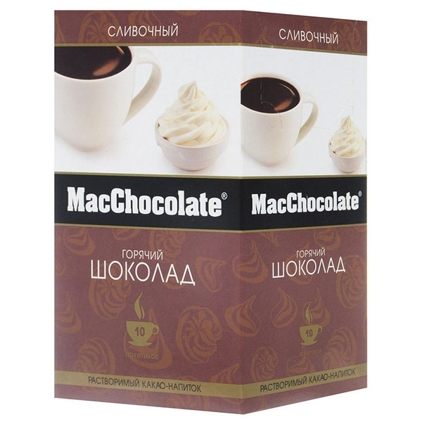 Напиток горячий шоколад, MacChocolate, с ароматом сливок, растворимый, порционный, 10шт*20г, картонная коробка, Россия