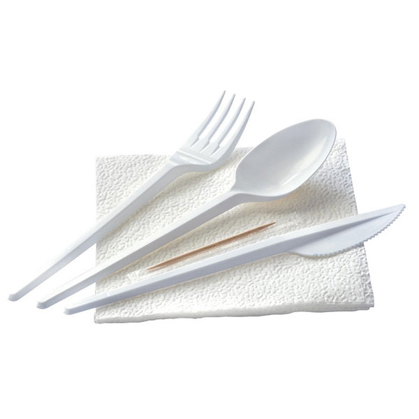 Набор одноразовой посуды на 1 персону, (вилка, ложка, нож, салфетка, зубочистка), цвет белый, комплект 200 шт.