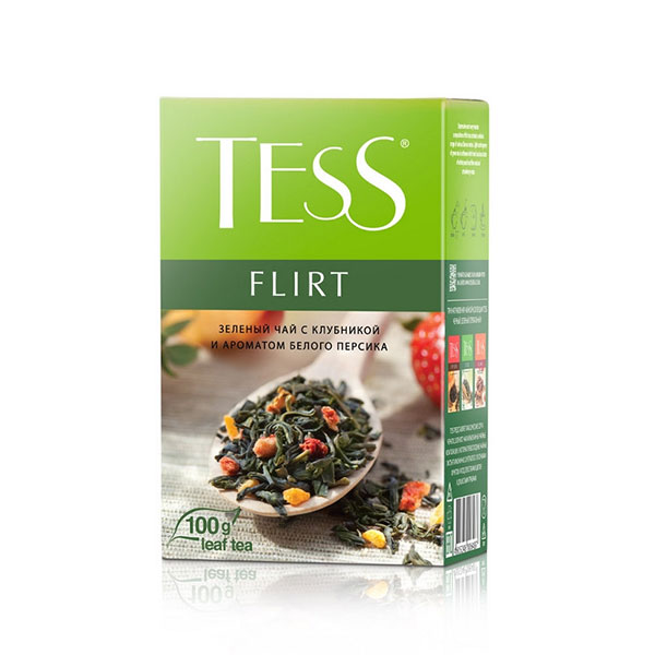 Чай листовой вес 100 г, Tess, "Flirt", зеленый, клубника и персик, фруктово-ягодный, Россия