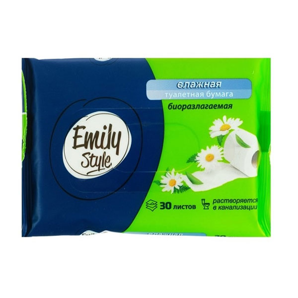 Влажная туалетная бумага в упаковке 30 шт., NoName, "Emily Style", аром. ромашка + алое вера, биоразлагаемая, смываемая, Италия