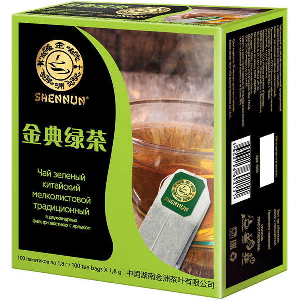 Чай пакетированный Shennun, зеленый, 100 пакетиков по 1,8 г, Россия