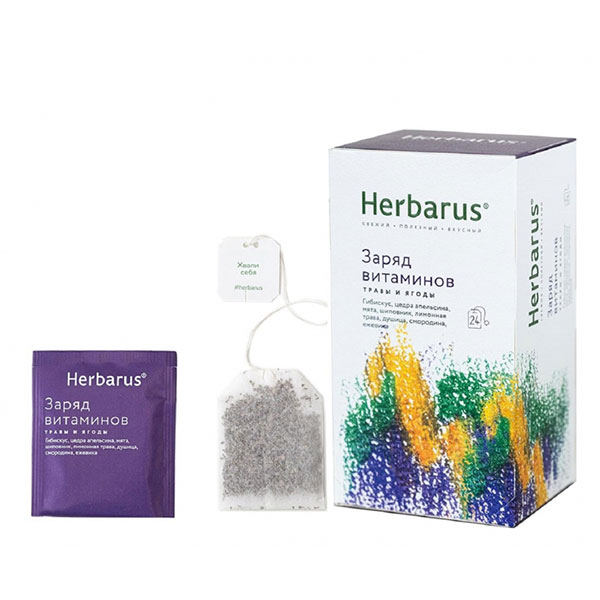 Чай пакетированный Herbarus, "Заряд витаминов", травяной,  24 пакетика по 1,6 г, Россия