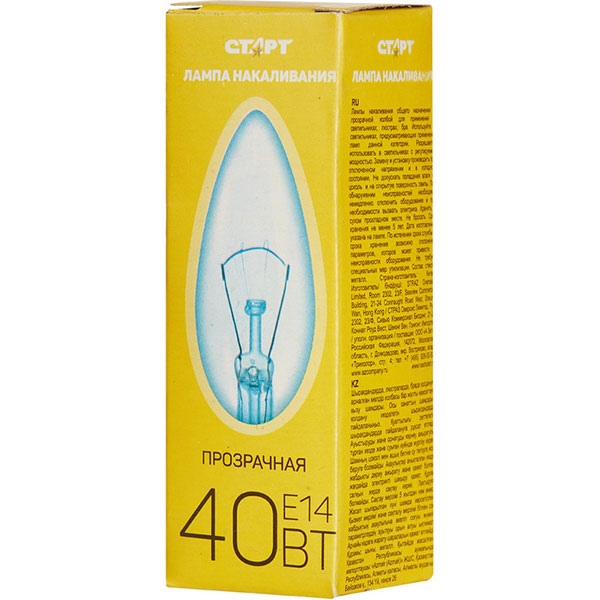 Лампа накаливания Старт, 40 Вт, E14, свечеобразная, прозрачная, цвет теплый белый, Китай