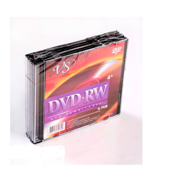 Диск тип DVD-RW, 4,7 GB, в упаковке 5 шт., VS, скорость записи 4х, Slim Case, Тайвань