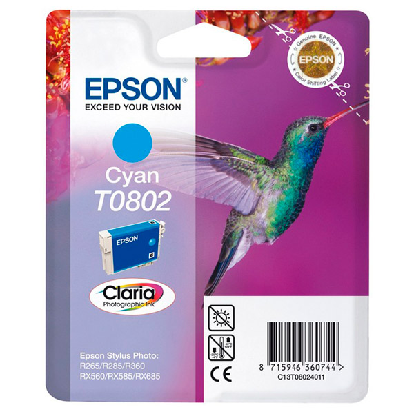 Картридж струйный Epson, T0802, оригинальный, цвет голубой, Китай